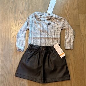 Calvin Klein Ribbed Gray Top and Black Faux Leather Skirt‎